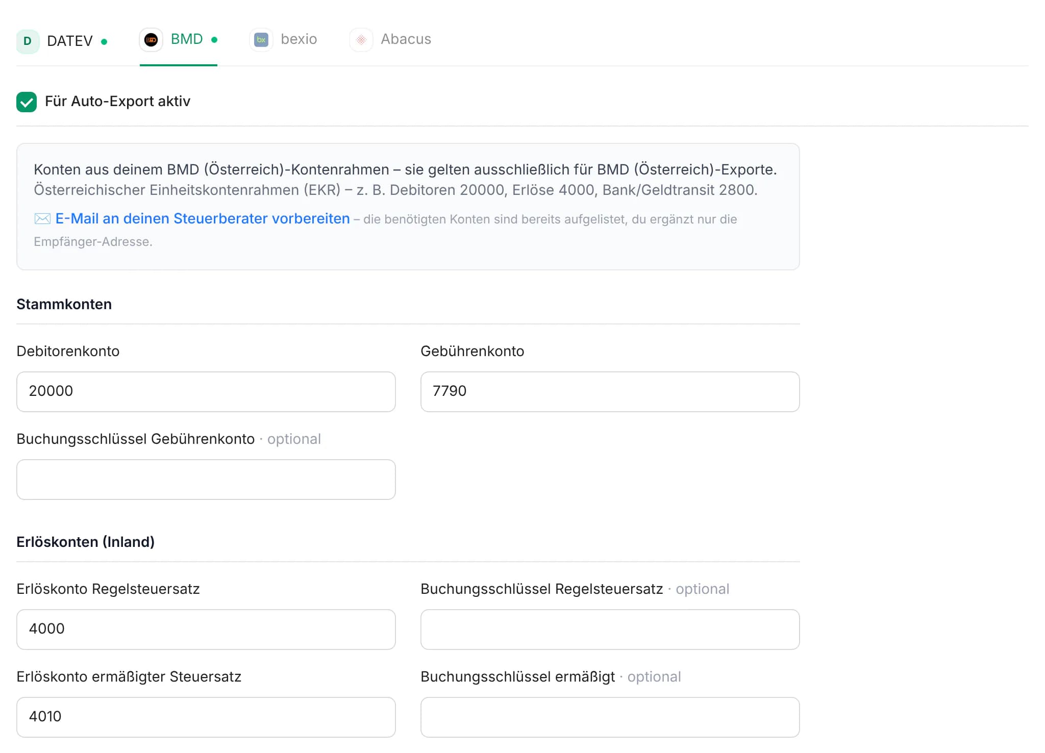 Buchhaltungs-Einstellungen für BMD mit Debitorenkonto, Gebührenkonto und Erlöskonten