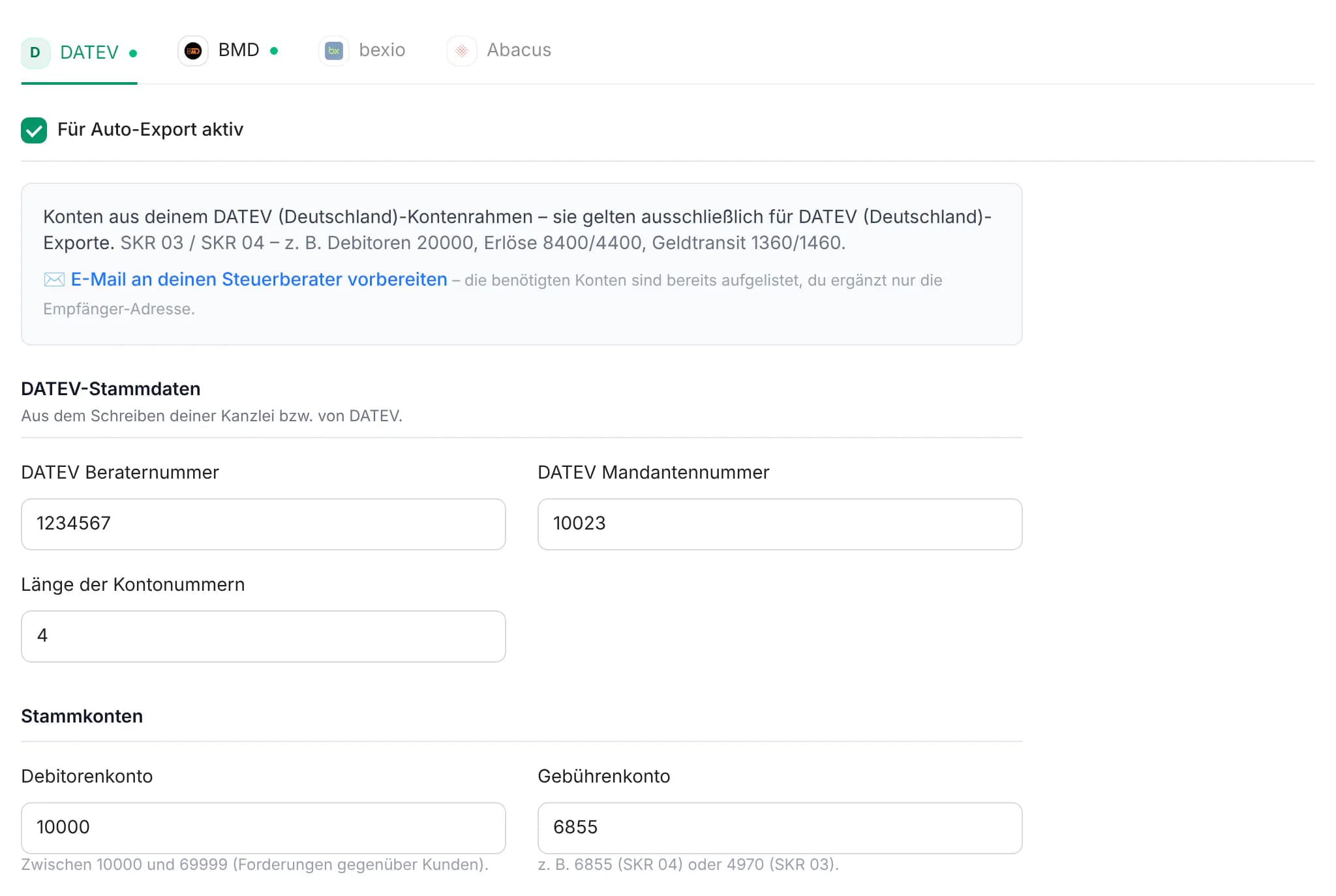 Buchhaltungs-Einstellungen für DATEV mit Beraternummer, Mandantennummer und Stammkonten