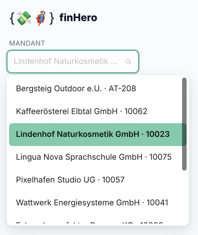 Geöffnete Mandanten-Auswahl in finHero mit Mandantennamen und Mandantennummern